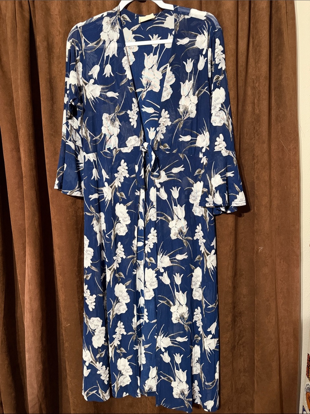 Navy Floral Wrap Duster with Tie Waist